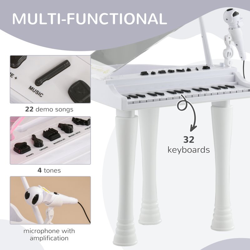 AIYAPLAY 32 Keys Kids Piano Keyboard with Stool, Lights, Microphone, Multiple Sounds, Removable Legs, Electronic Musical Instrument for Boys Girls, White
