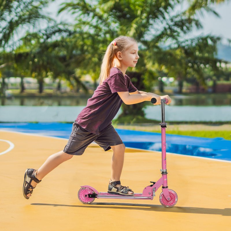 HOMCOM Kids Scooter with Lights, Music, Adjustable Height, Foldable Frame, LED Wheels, for Ages 3-7 Years - Pink