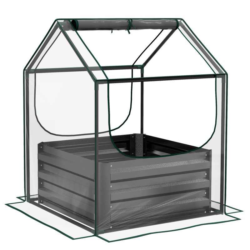 Outsunny Raised Garden Bed with Mini Greenhouse, Outdoor Metal Planter Box with Cover, for Herbs and Vegetables, Use for Patio, Garden, Balcony, Clear and Dark Grey