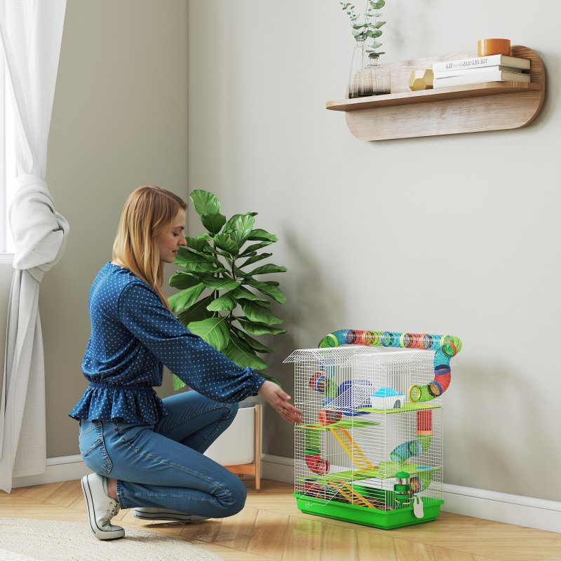 PawHut 5 Tier Hamster Cage Carrier Habitat with Exercise Wheels Tunnel Tube Water Bottle Dishes House Ladder for Dwarf Mice, Green