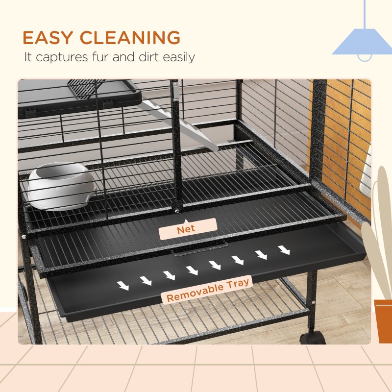 PawHut Ferret Cage Rolling Small Animal Cage 4 Levels Pet Cage 136cm Height for Chinchillas, Squirrels with 3 Doors, Storage Shelf, Tray, Bowl, Water Bottle, Ramps - Charcoal Grey