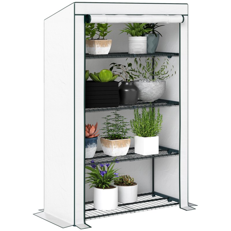 Outsunny 4 Tier Lean-to Mini Greenhouse with Reinforced PE Cover, Portable Small Greenhouse with Roll-Up Door, Green Hemmed Edging, 110 x 50 x 171cm, Green