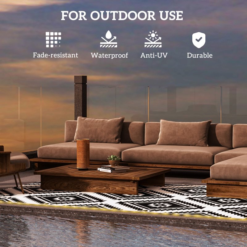 Outsunny Reversible Outdoor Rug with LED String Lights, Waterproof Plastic Straw Mat with Carry Bag for Garden, Deck, RV, Picnic, Beach, Camping, 182 x 274cm, Black and White