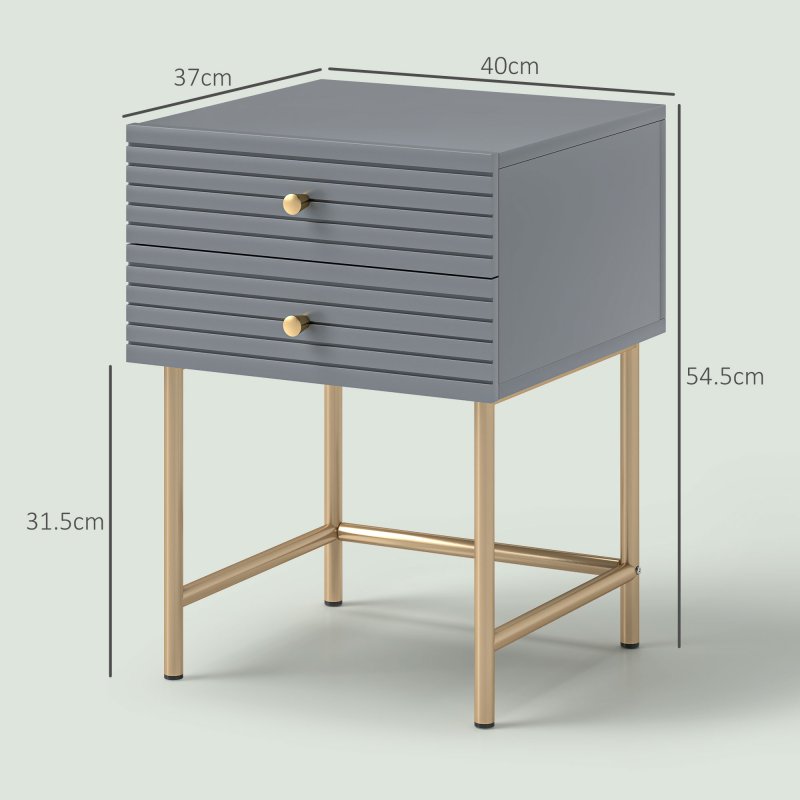 HOMCOM Bedside Tables Set of 2, Bedside Cabinet with 2 Drawers, Gold Steel Legs, Modern Side Table with Striped Panel for Bedroom, Living Room, Grey