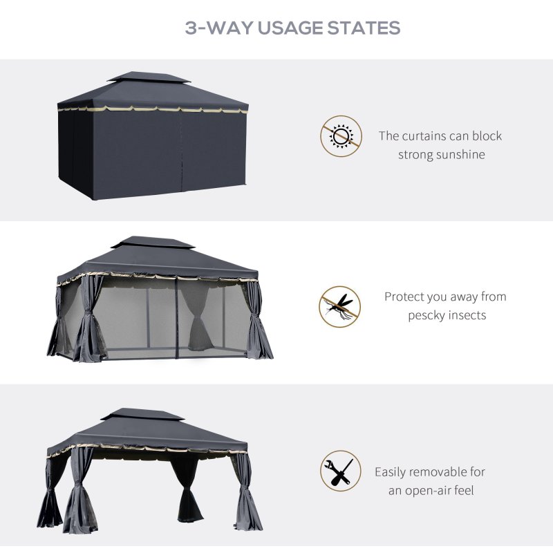 Outsunny 3 x 4m Aluminium Garden Gazebo, Marquee Canopy Shelter Pavilion Party Tent with Nets and Curtains for Garden and Deck, Black