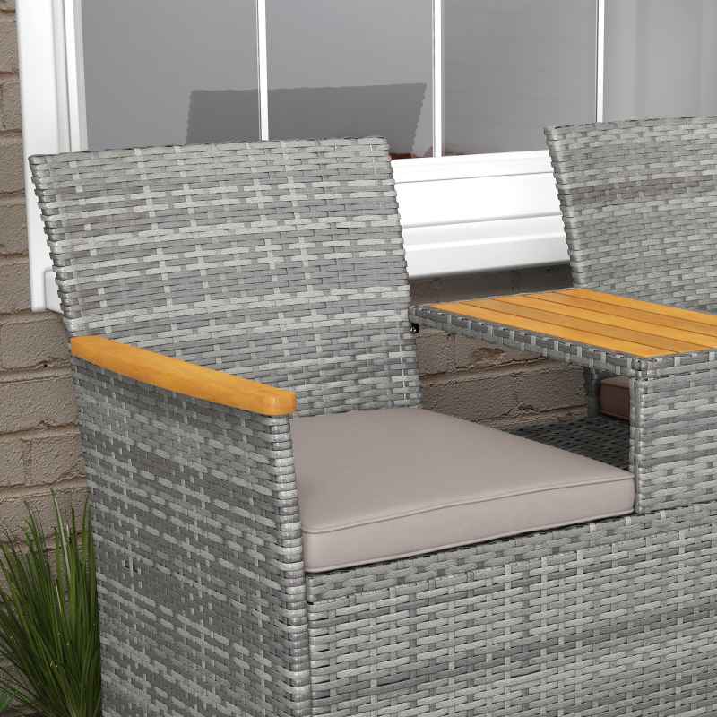 Outsunny 2 Seat Rattan Garden Bench, Patio Wicker Chair with Acacia Wood Top Middle Table, Outdoor PE Rattan Love Seat with Padded Cushions, Decorative Handrails, Grey