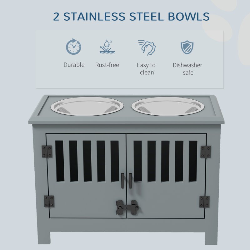 PawHut Raised Dog Bowls for Large Dogs, Pet Feeding Station, Doors with Latch, Storage Cabinet, Two Stainless Steel Bowls - Grey