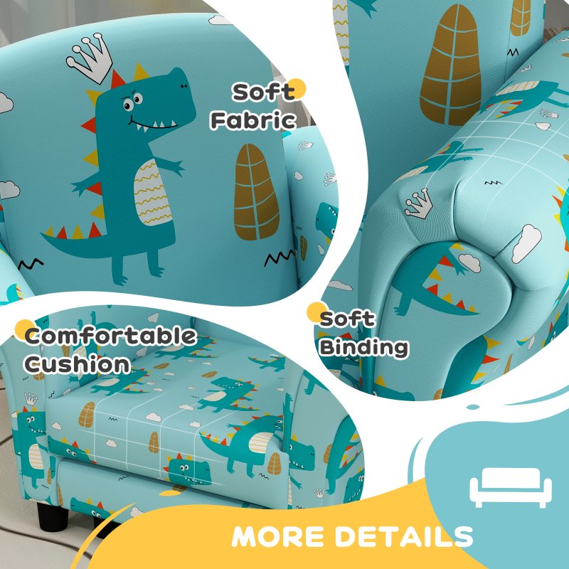 AIYAPLAY Kids Armchair with Stool, 2 Piece Kids Sofa Set with Dinosaur Design, Wooden Frame, Upholstered Kids Chair for Bedroom, Playroom, Kid Room, for 1.5-3 Years Old, Blue
