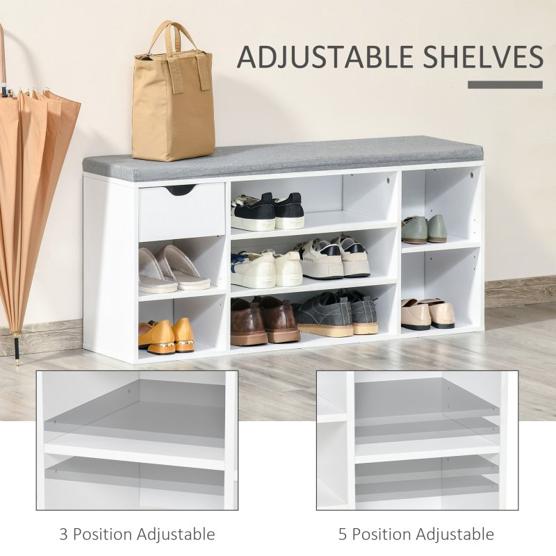 HOMCOM Shoe Bench with Seat Cushion Shoe Storage Cabinet with 7 Compartments Drawer Adjustable Shelves for Entryway Hallway Living Room