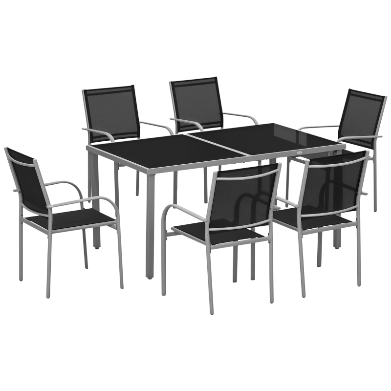 Outsunny 7 Piece Garden Dining Set, Outdoor Table and 6 Stackable Chairs, Steel Frame, Tempered Glass Top Table, Mesh Seats, Black