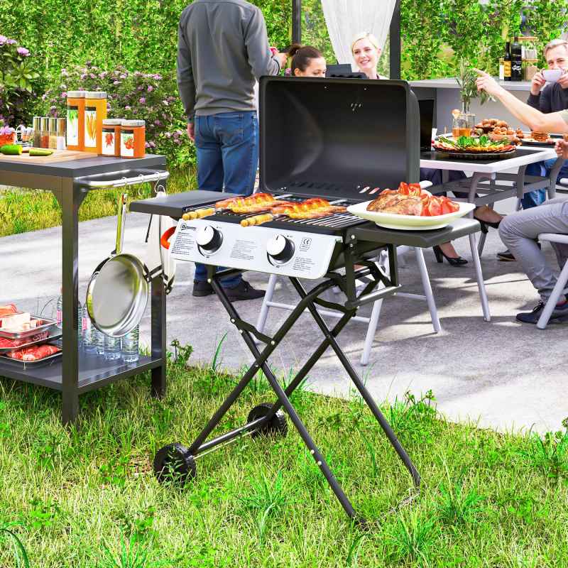 Outsunny Foldable Gas BBQ with Side Tables, 2 Burner Portable Gas Barbecue Grill with Thermometer Lid Grease Tray Wheels, Folding Trolley for Garden Party Camping Picnic Outdoor Cooking, 5.6KW, Black