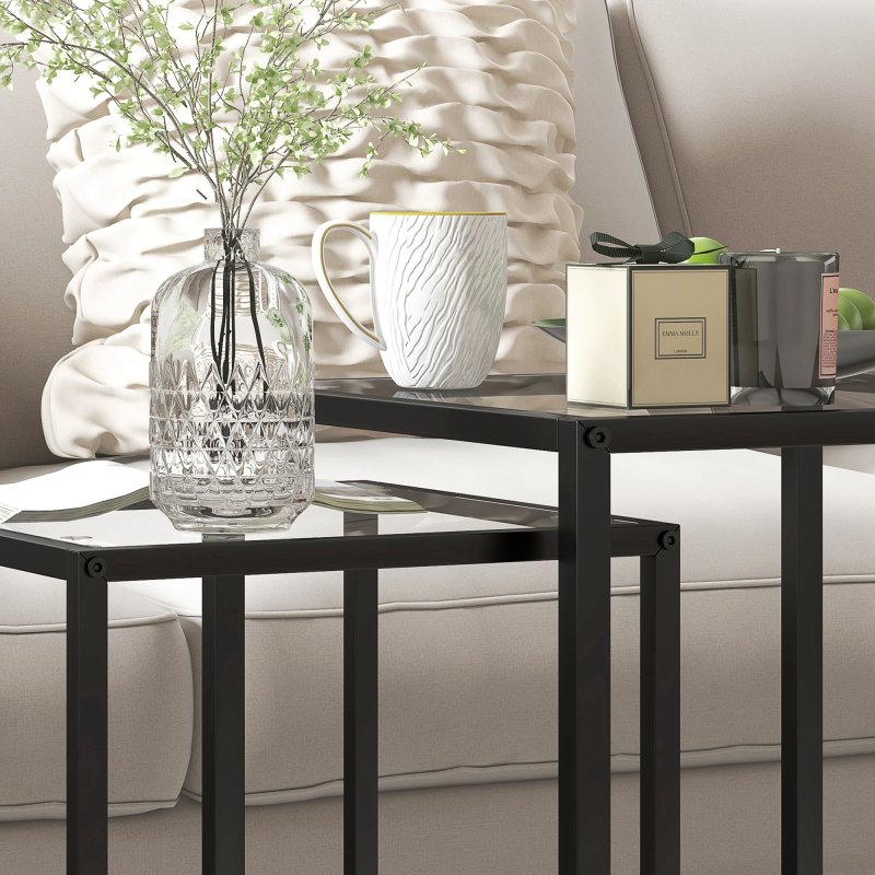 HOMCOM Nesting Tables Set of 2, Side End Table with Tempered Glass Top and Steel Frame for Living Room, Bedroom, Black