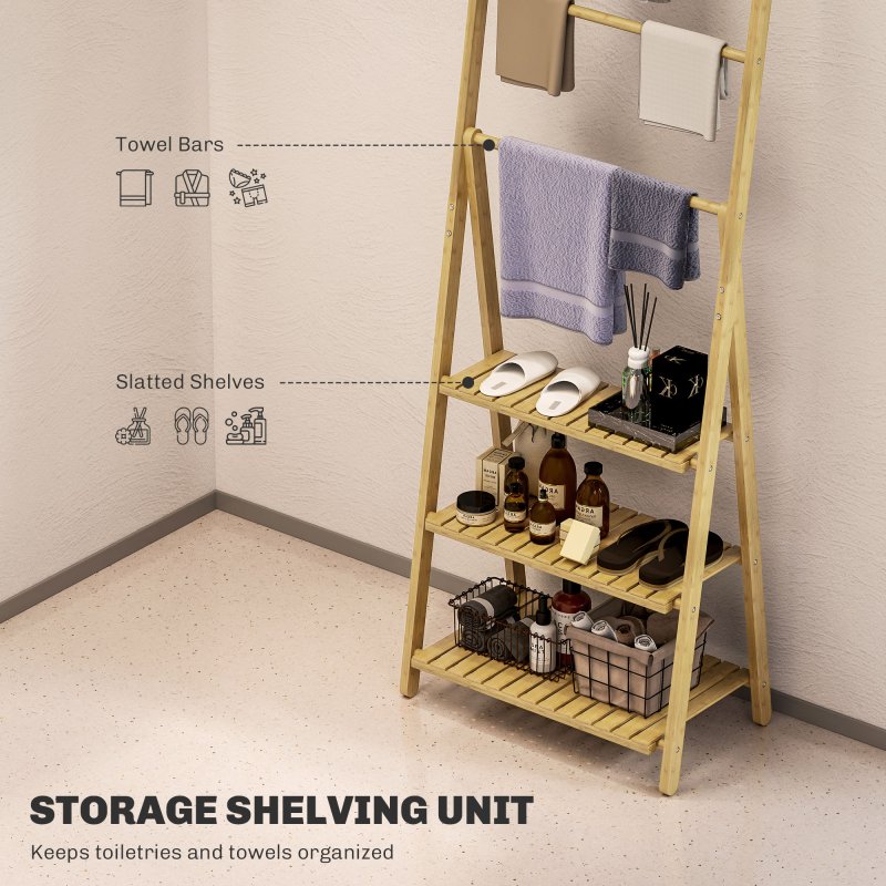 HOMCOM Folding Bathroom Storage Shelves, 3-Tier A-Frame Bamboo Storage Shelving Unit with Towel Bars, Freestanding Shelves Rack Organiser for Living Room, Natural