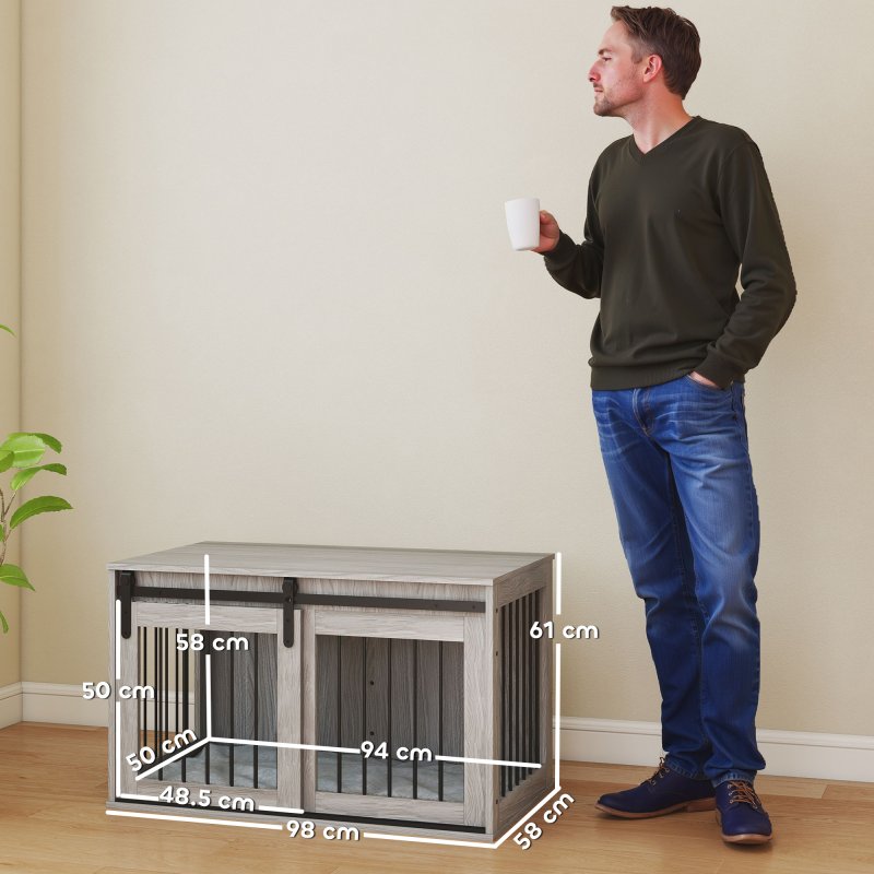 PawHut Dog Crate Furniture, Dog House Furniture Style for Large Breeds, Pet Kennel with Removable Cushion for Indoor Use, 98 x 58 x 61cm, Grey