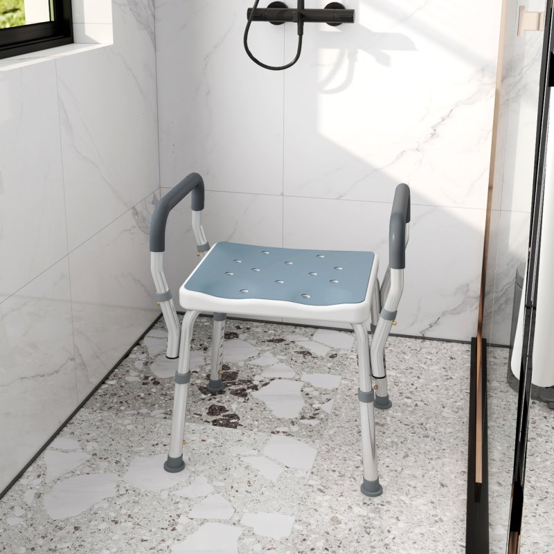 HOMCOM Portable Shower Stool, Non-Slip Shower Chair with Adjustable Height and EVA Cushion, Rust-Free Aluminium Bath Chair for Elderly, Disabled, Light Blue