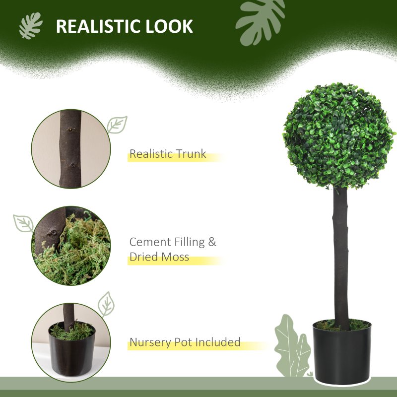 HOMCOM Set of 2 Decorative Artificial Plants Boxwood Ball Trees in Pot Fake Plants for Home Indoor Outdoor Decor, 60cm