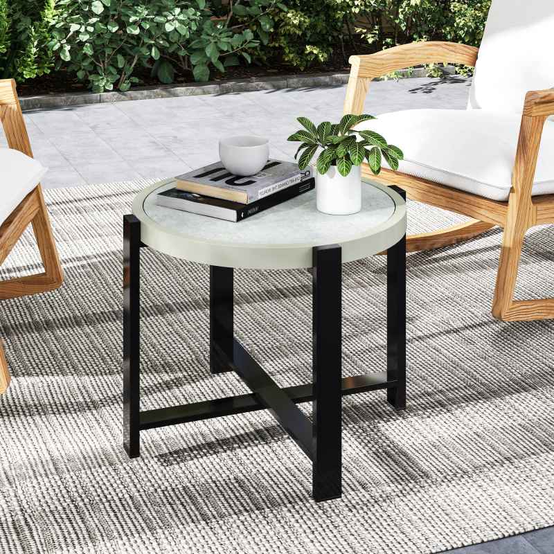 Outsunny Round Small Garden Table, 60cm Outdoor Side Table with Faux Marble Tempered Glass Top, Aluminium Frame for Garden, Patio, Balcony, Light Grey