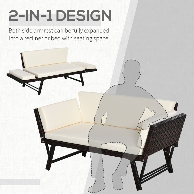 Outsunny Rattan Garden Sofa Bed with Adjustable Armrests, 2-in-1 Convertible Couch Garden Daybed Lounger, Outdoor Folding Chaise Lounge Loveseat with Cushions for Porch, Patio, Brown