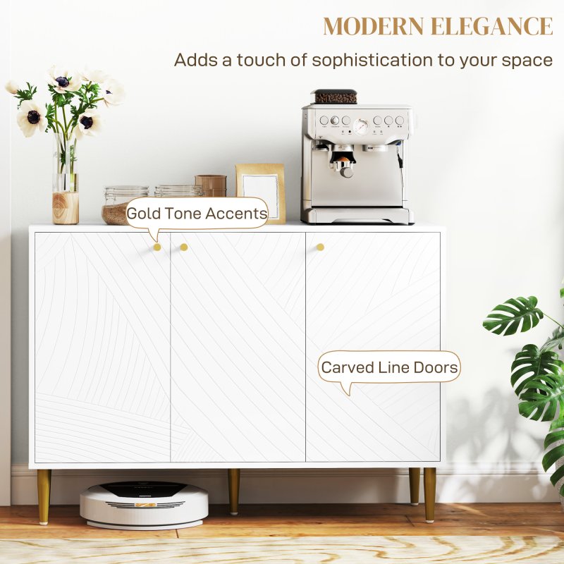 HOMCOM Sideboard, Modern Storage Cabinet with Carved Line Doors, Cupboard and Adjustable Shelves for Living Room, Dining Room, Hallway, White