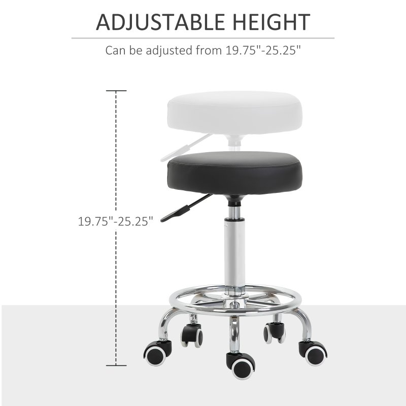 Vinsetto Round Rolling Stool, PU Leather Height Adjustable Stool Chair with Wheels and Swivel Seat for Salon, Massage, Spa, Home Kitchen, Black