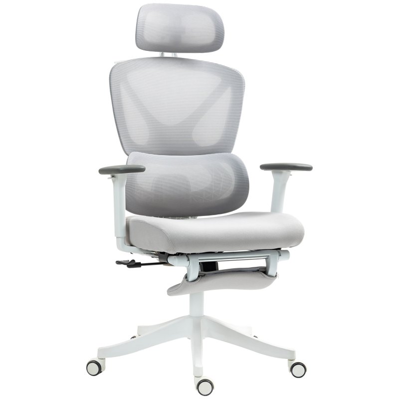 HOMCOM Ergonomic Office Chair, Mesh Desk Chair with 3D Armrests, Rotatable Headrest, Adjustable Lumbar Support, Coat Hanger, Footrest for Home Office, Grey