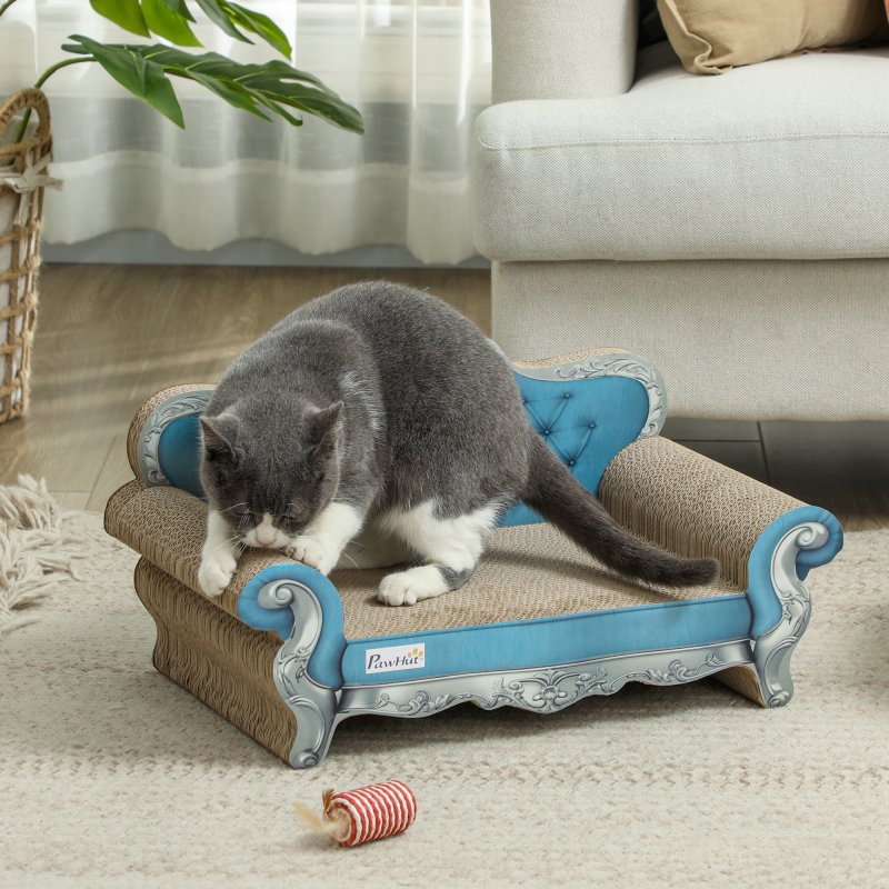 PawHut 2-in-1 Cat Scratcher, Cardboard Cat Scratching Board with Catnip, Cat Scratch Pad for Indoor Cats, 30.5 x 55 x 31.5cm, Light Blue