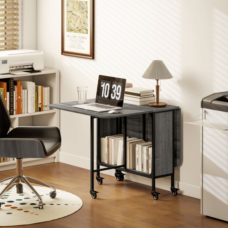 HOMCOM Mobile Drop Leaf Table, Folding Dining Table with 6 Wheels & Storage Shelf for Small Spaces, Kitchen, Dining Room