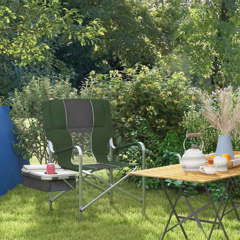 Outsunny Aluminium Directors Chair, Folding Camping Chair for Adults with Side Table, Cup Holder, Cooler Bag and Pocket, Up to 120 kg, Green