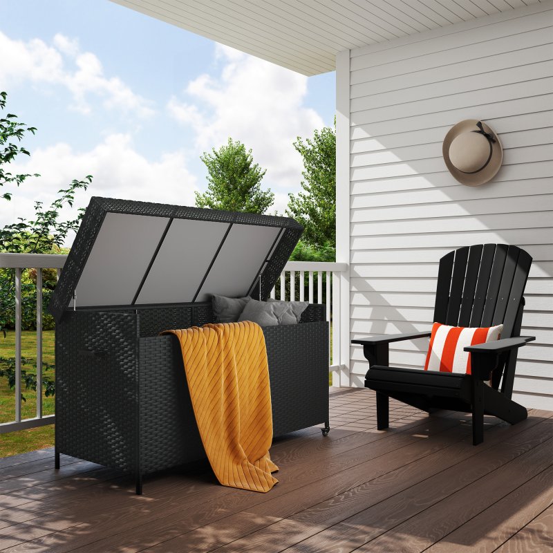 Outsunny 627 L Rattan Garden Storage Box, Outdoor Garden Cushion Storage Box with Gas Lift Lid and Wheels, Outdoor Rattan Chest Container for Cushions, Pillows and Tools, Black