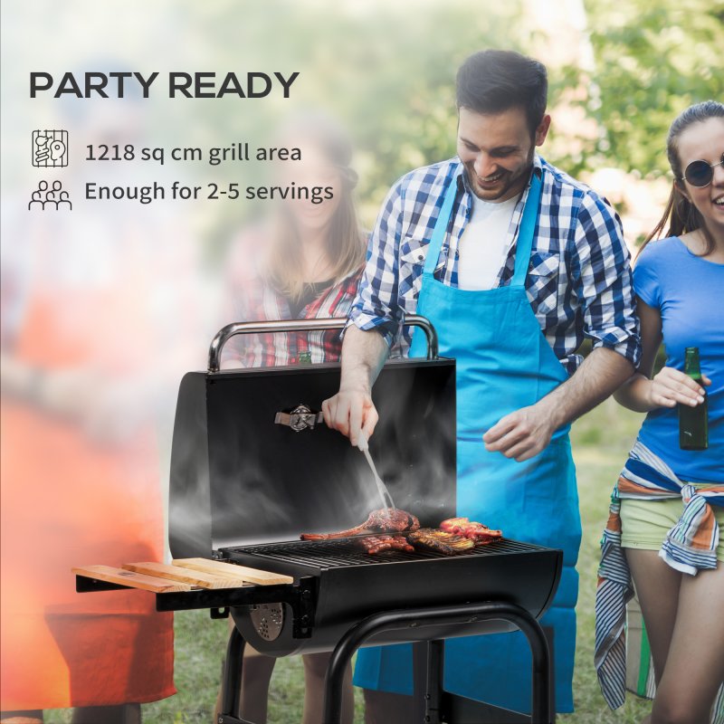 Outsunny Charcoal Barbecue Grill with Shelves, Portable BBQ Trolley Smoker with Wheels, Lid, Thermometer, Chimney for Outdoor Garden Party Cooking, Black