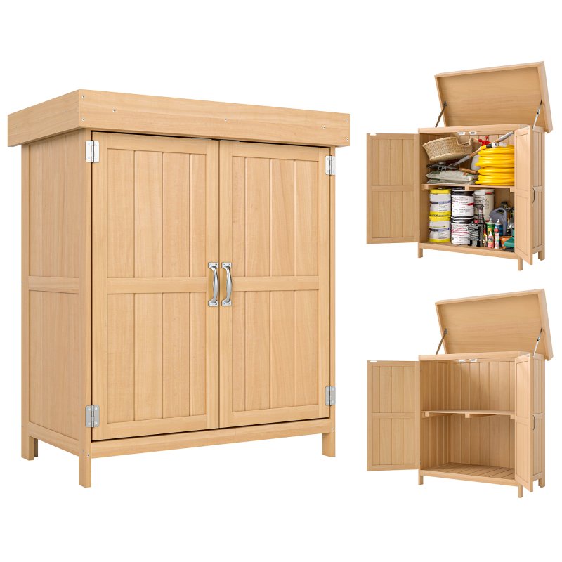 Outsunny Small Shed, Wooden Garden Shed with Openable Hinged Roof and Removable Shelf, Outdoor Tool Storage Cabinet Chest with Double Doors, 74 x 43 x 88 cm, Natural Wood Finish