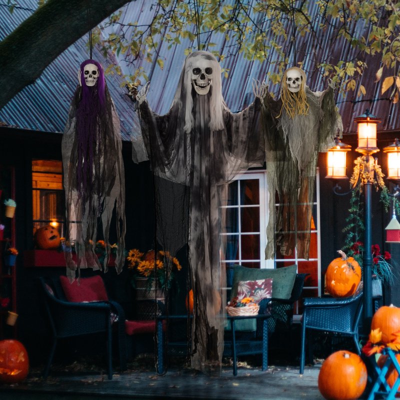 HOMCOM Life Size Hanging Skeleton Halloween Decorations, Set of 3 Scary Flying Ghost with Adjustable Arms for Haunted House, Garden, Party, 90/110/170cm