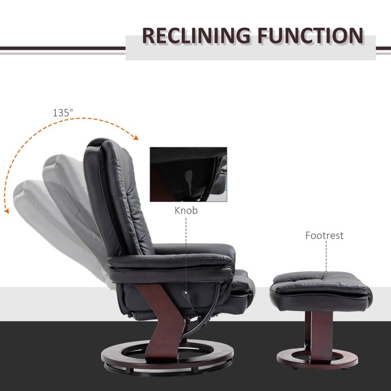 HOMCOM Recliner Chair With footstool, Recliner Armchair up to 130kg Weight Capacity, 135 Reclining Swivel Sofa Chair, PU Leather Ergonomic Couch Bed with Swivel Wood Base for Living Room, Black