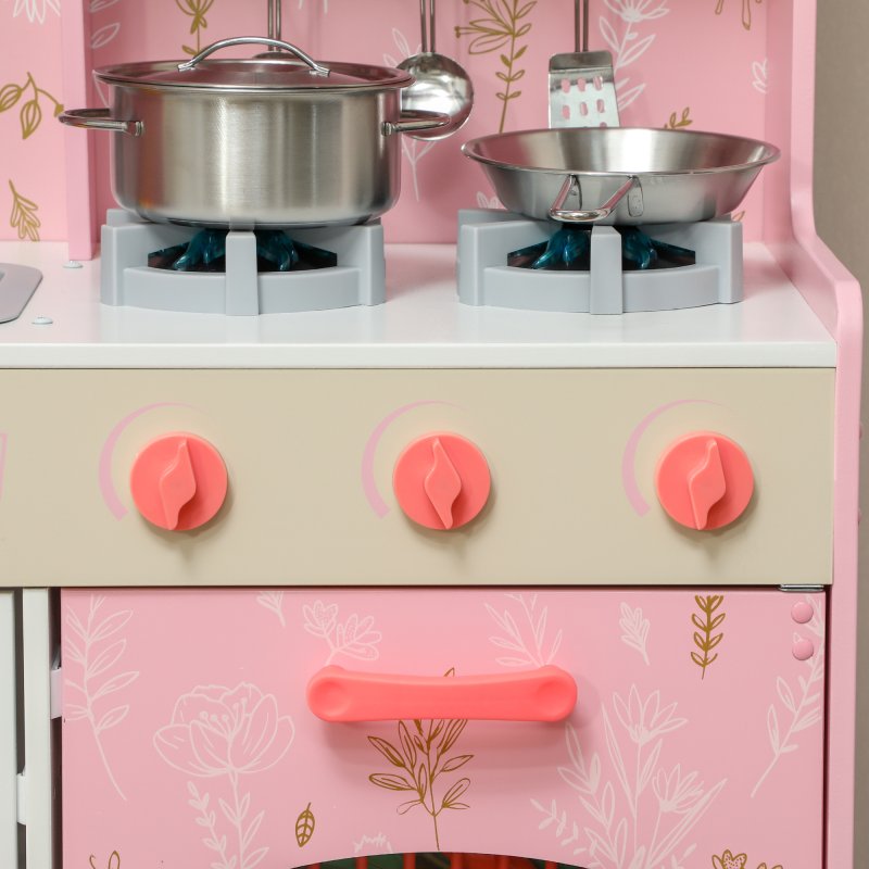 AIYAPLAY Toy Kitchen, Pretend Role Play Kitchen, Kids Kitchen Set with Lights and Sounds, Double Stoves, Ice Maker, Chalkboard, Microwave, Oven, Sink, 5 Accessories, for 3+ Years, Pink