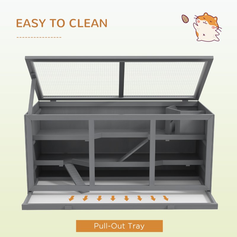 PawHut Wooden Hamster Cage, Small Animals Hutch with Tray, Openable Top, Exercise Run, Grey