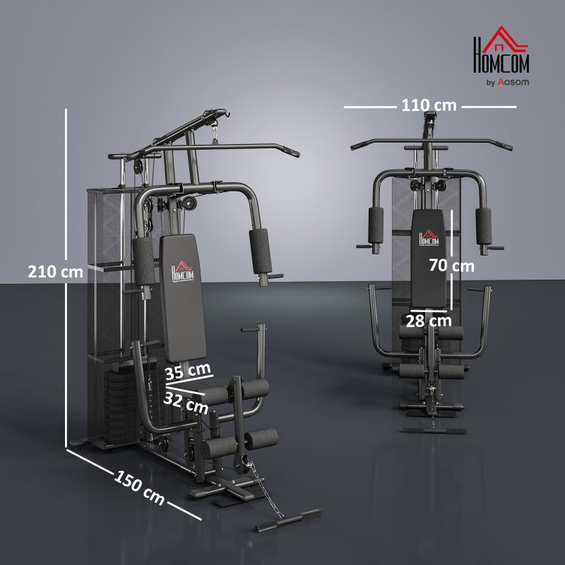 HOMCOM Home Gym Equipment, Multi Gym Workout Station with 45Kg Weight Stack, Chest Station, Butterfly Press & Leg Developer for Strength Training, Black