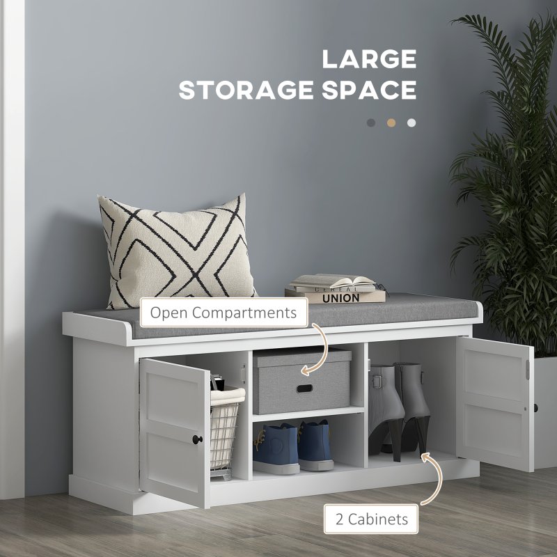 HOMCOM Shoe Bench with Seat, Shoe Storage Bench with Cushion, 2 Cabinets and Adjustable Shelf for Entryway, Hallway, Living Room, Bedroom, White