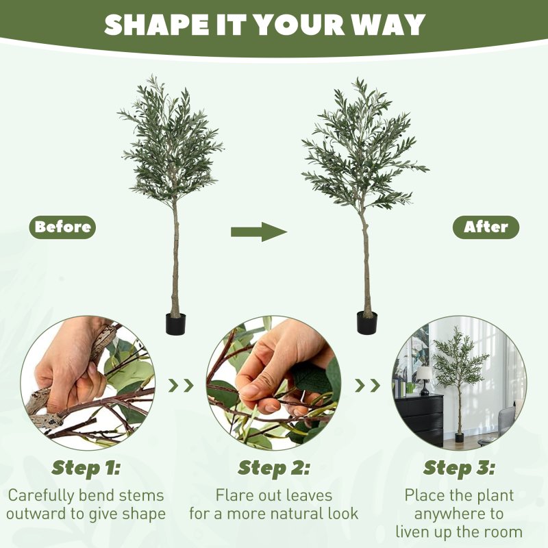 HOMCOM Set of 2 6ft/ 180cm Decorative Artificial Plant, Silk Olive Tree with 900 Leaves and 40 Olive Fruits in Pot, Fake Plant for Home, Office, Living Room, Indoor Decor