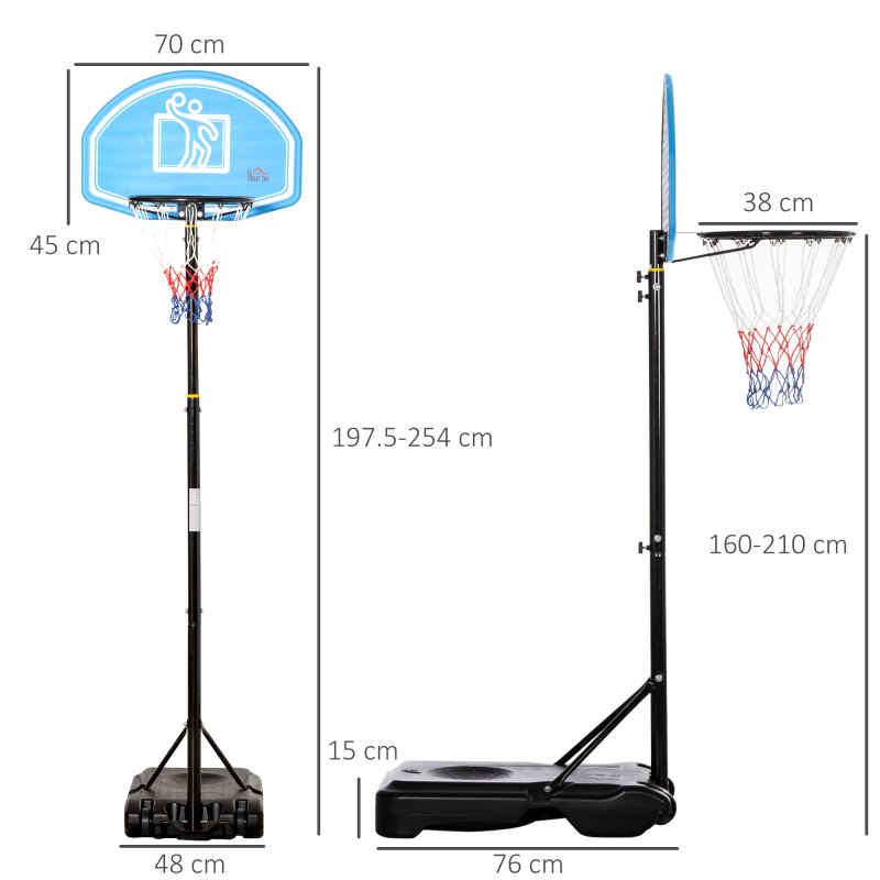 HOMCOM Basketball Hoop and Stand with PE Backboard and Weight Base Height Adjustable 1.6-2.1m Portable on Wheels, Blue