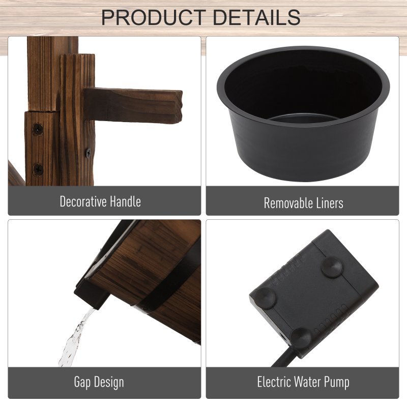 Outsunny Wooden Garden Wishing Well Fountain Barrel Waterfall Rustic Wood with Pump Garden D??cor Ornament