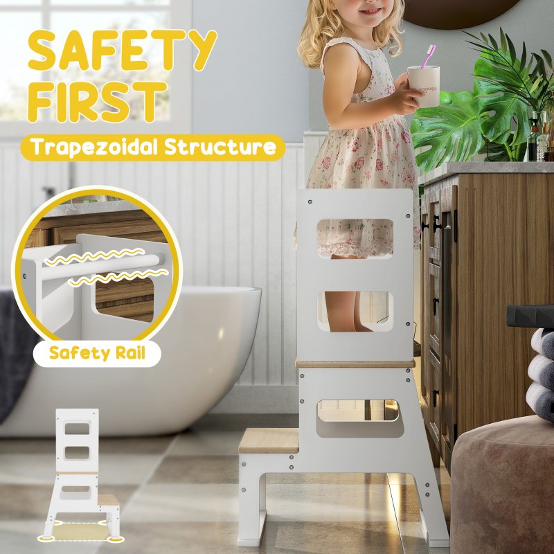 AIYAPLAY Toddler Tower, 2 in 1 Toddler Step Stool with Chalkboard, Safety Rail, Kids Standing Tower for Kitchen, Counter, Bathroom, Sink, White