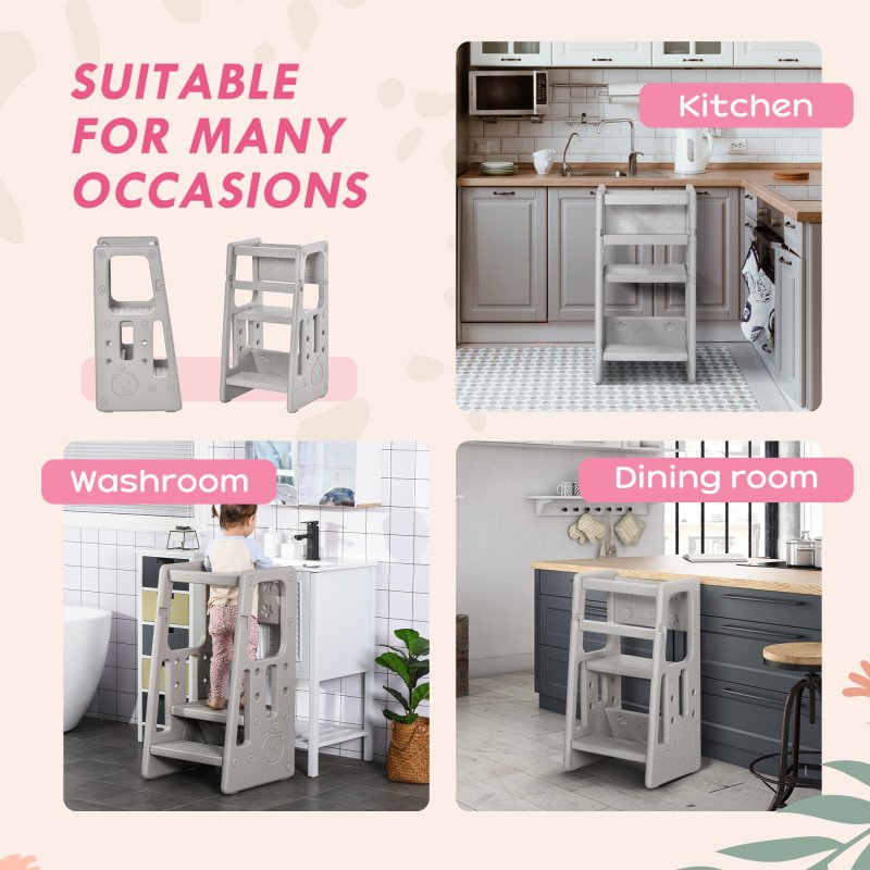 HOMCOM Kids Step Stool, Adjustable Standing Platform, Toddler Kitchen Stool , Standing Tower for Kids, Kitchen Counter with Three Adjustable Heights - Grey