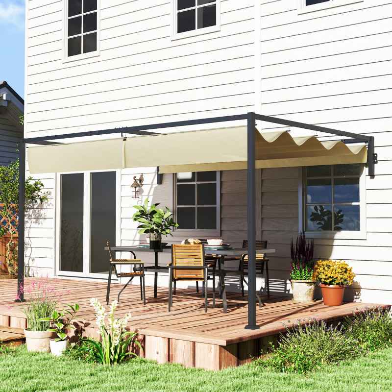 Outsunny 3 x 4m Lean To Pergola with Retractable Roof, Wall Mounted Garden Gazebo Outdoor Sun Shade Shelter for Patio, Deck, Khaki
