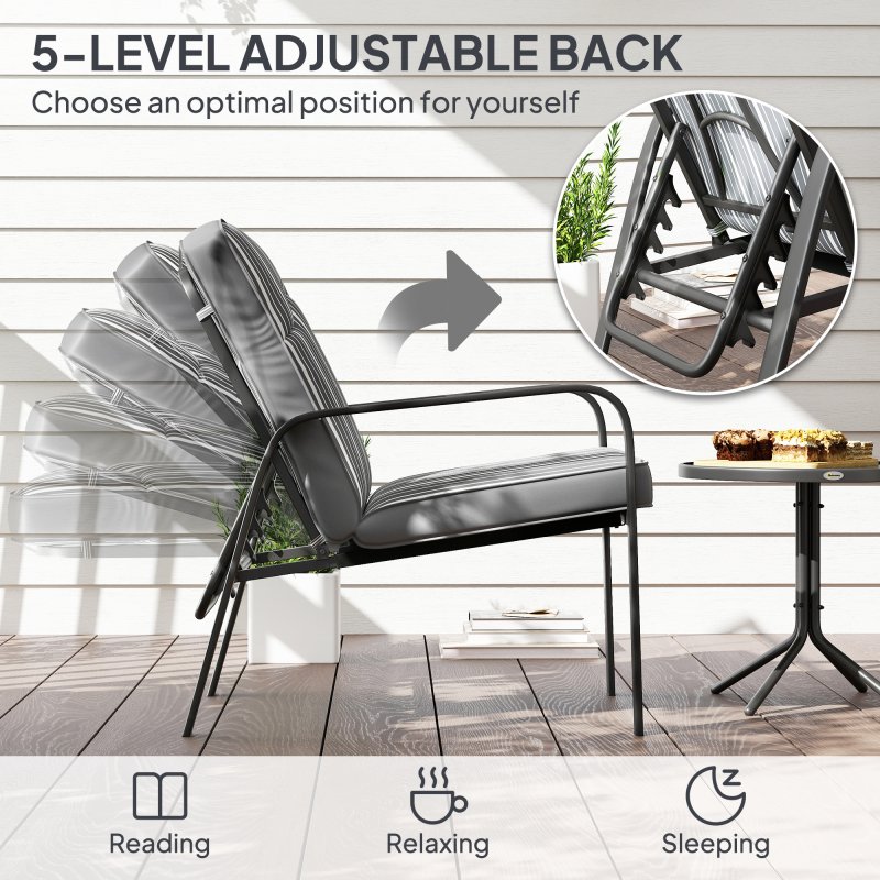 Outsunny 3-Piece Patio Bistro Set, 5-Position Adjustable Recliner Garden Chairs and Tempered Glass Table, Garden Furniture Set with Cushions, High Back, Armrests, Metal Frame for Balcony Patio, Grey