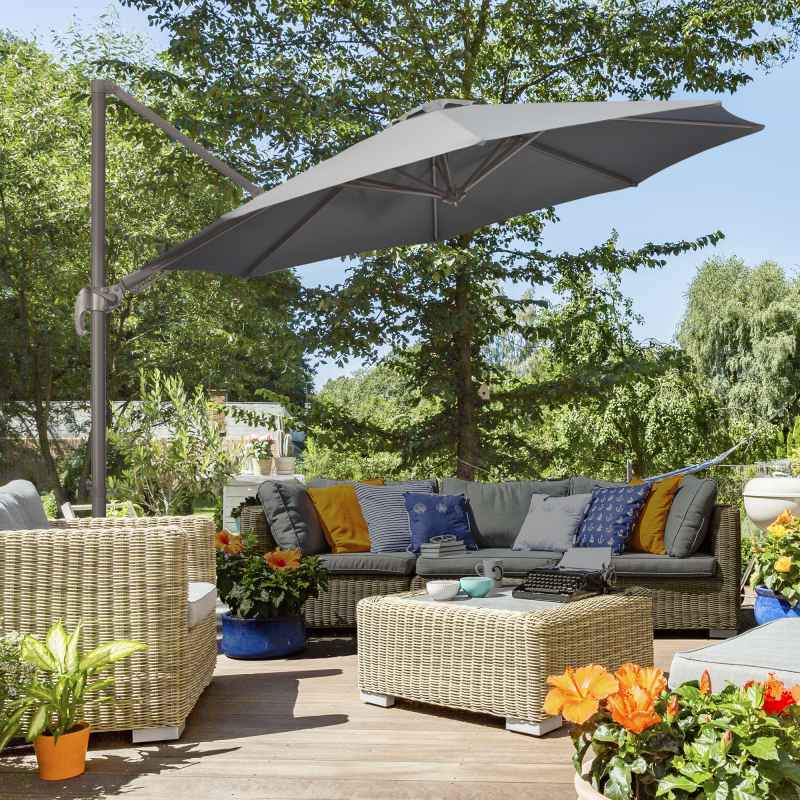 Outsunny 3(m) Cantilever Parasol 360 Rotation Roma Umbrella Hanging Sun Shade with Aluminium Frame, Tilt Crank, 8 Ribs and Cross Base, Dark Grey