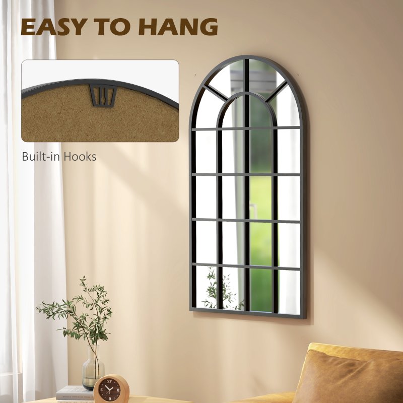 HOMCOM Modern Arched Wall Mirror, 110 x 62 cm Window Mirror for Living Room, Bedroom, Black