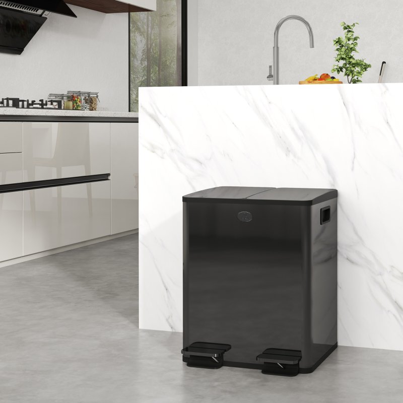 HOMCOM Dual Kitchen Bin, 2 x 20L Stainless Steel Double Rubbish Bin with Soft Close Lid, Removable Inner Buckets, Fingerprint-Proof for Recycling and Waste