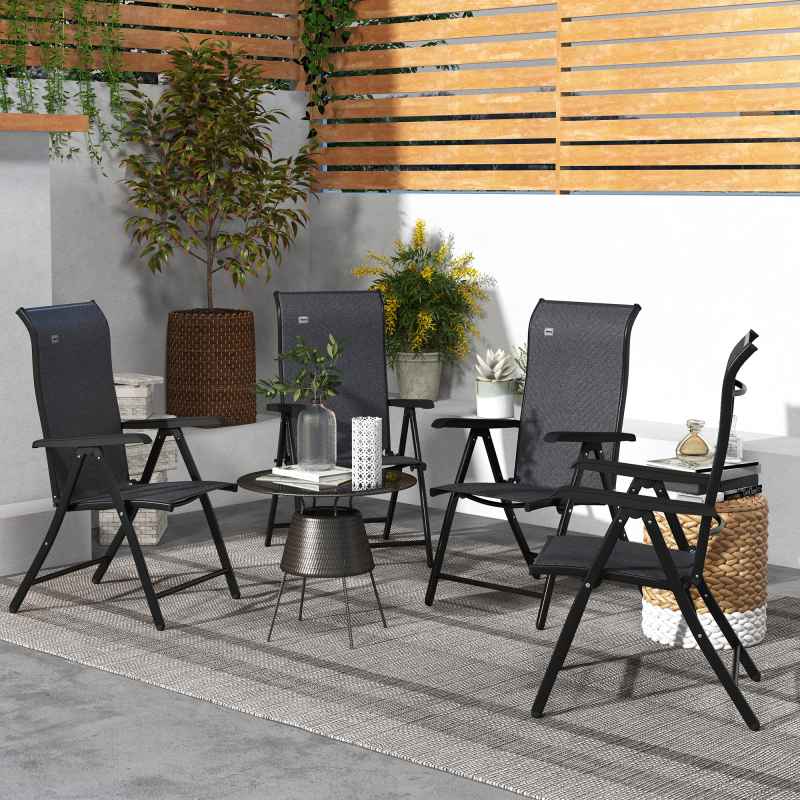 Outsunny Set of 4 Outdoor Wicker Folding Chairs, Patio PE Rattan Dining Armrests Chair set with 7 Levels Adjustable Backrest, for Outdoors, Camping, Grey