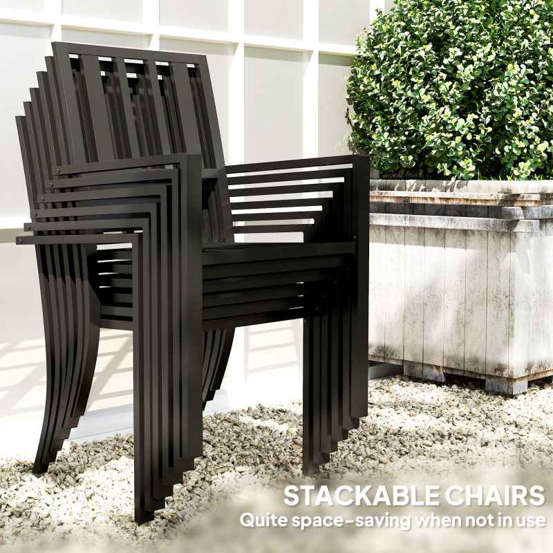 Outsunny 7 Pieces Patio Dining Set, 6 Seater Outdoor Table and Stackable Chairs with Umbrella Hole, Galvanised Steel Frame, Space Saving, for Poolside, Garden, Black