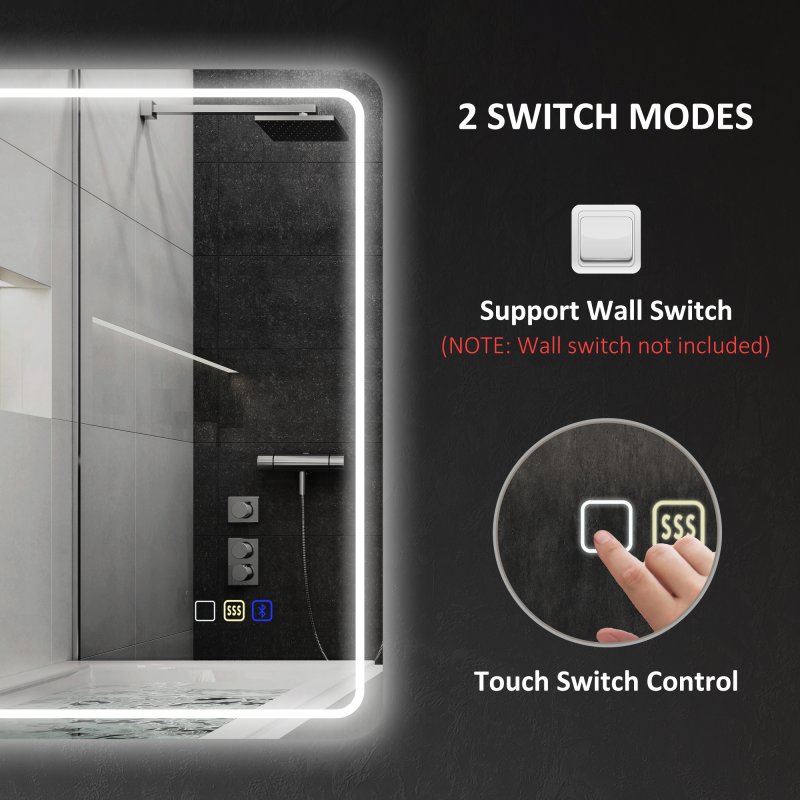 HOMCOM Bluetooth Bathroom Mirror with LED Lights, Illuminated Backlit Wall Mounted Vanity Mirror with 3 Colours Dimmable, Clock, Anti-Fog, Memory & Touch Switch, IP44